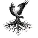 A phoenix rising from the roots of an ancient tree. The roots are tangled, symbolizing life's challenges and struggles.  tattoo design idea