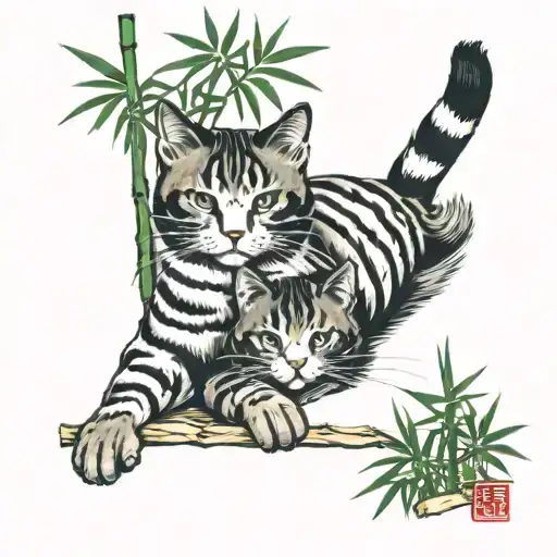 bamboo forest with 2 cats in the brush tattoo design idea