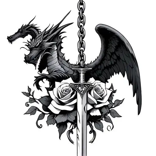 Dragon Roses dagger chain and angels vs demons tattoo design idea
