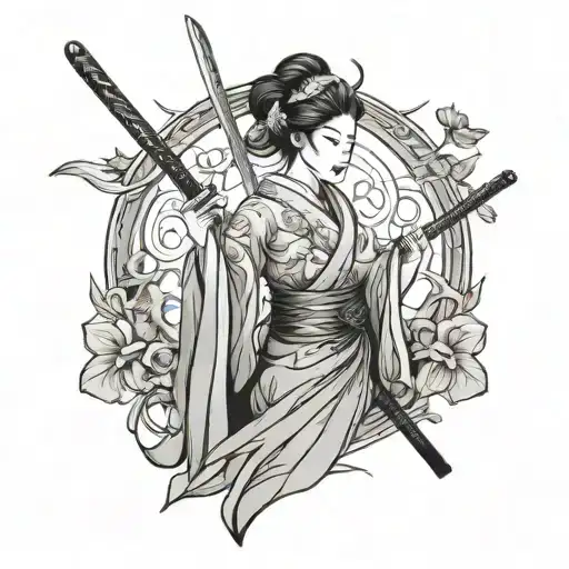 gothic geisha in background and katana sword tattoo design idea