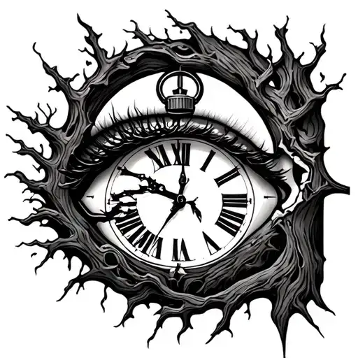 broken clock, family loss, tree with all seeing eye  tattoo design idea