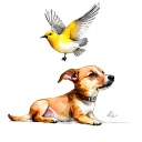 Small sitting bege Dog playing with a bird with yellow belly which is above the dogs head. the bird is flying.  tattoo design idea