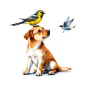 Small sitting bege Dog playing with a bird with yellow belly which is above the dogs head. the bird is flying.  tattoo design idea
