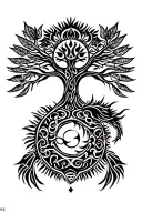tribal design including army elements, tree of life, dna strand, goddess sun moon, dragon hawaiian island tattoo design idea