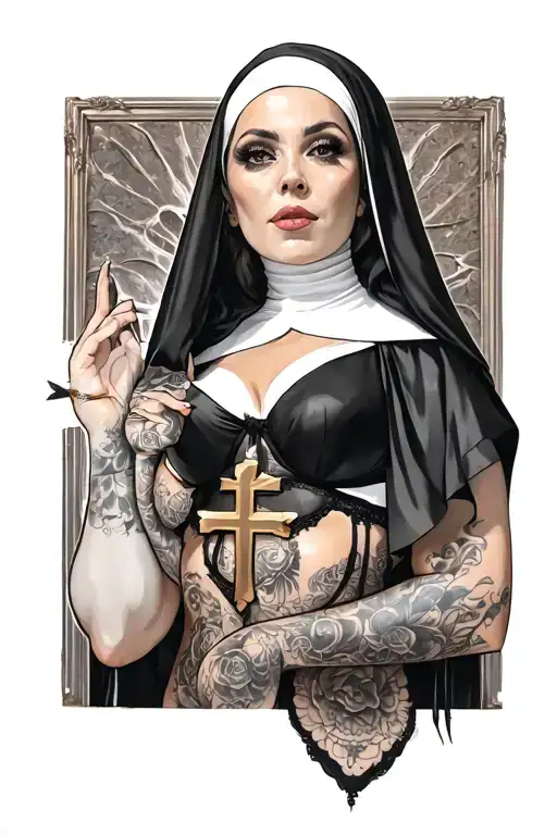 Sexy Nun, huge boobs,, revealing attire, seductive facial expressions, gold cross, Lingerie, sexual tattoo design idea