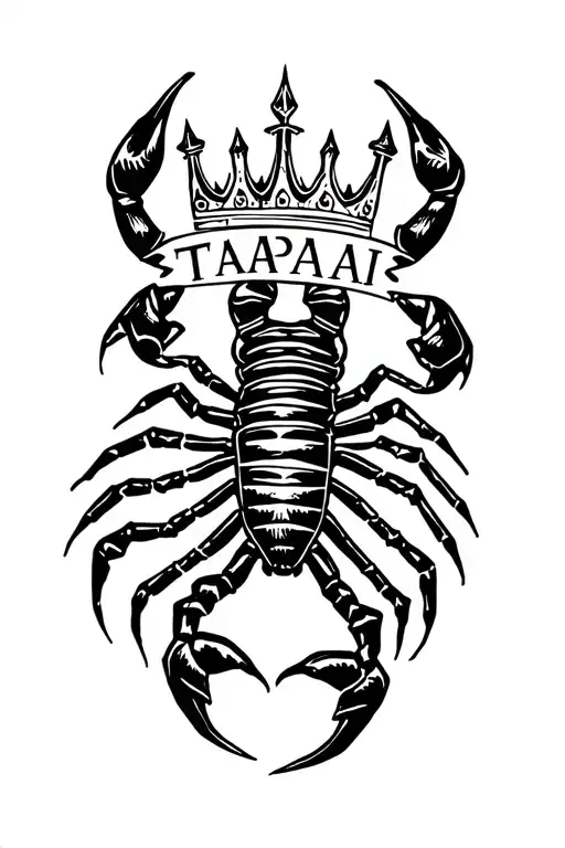 create scorpion tattoo with crown on head and TAPAΣ written above the crown tattoo design idea