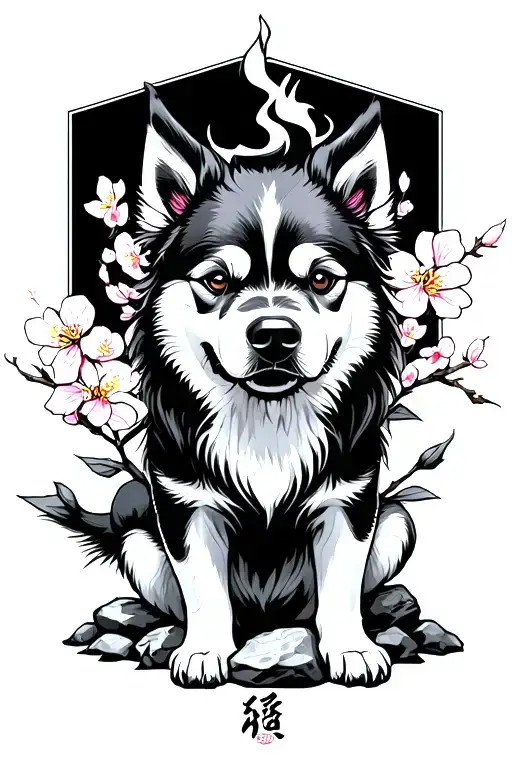 Chinese Zodiac: Fire Dog, fierce, in natural scene with cherry blossom and rocks tattoo design idea