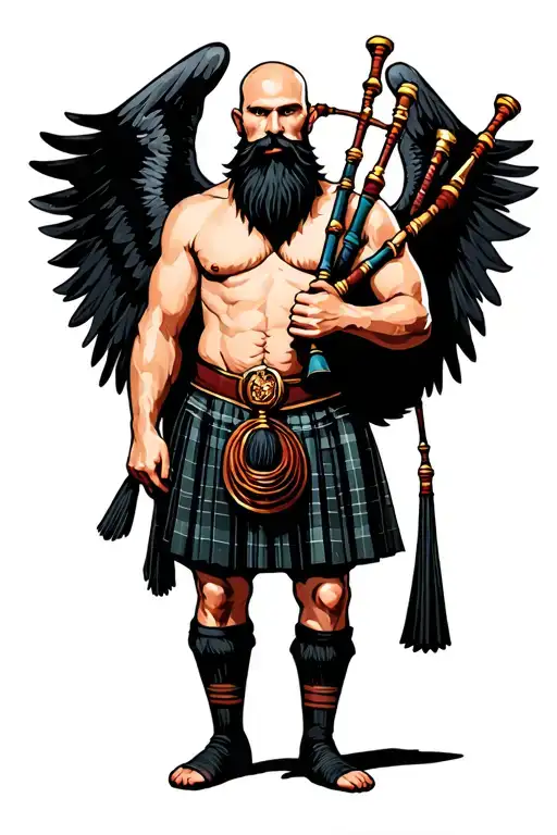 legless shirtless muscular bagpiper bald black beard playing bagpipes huge black wings black background tattoo design idea