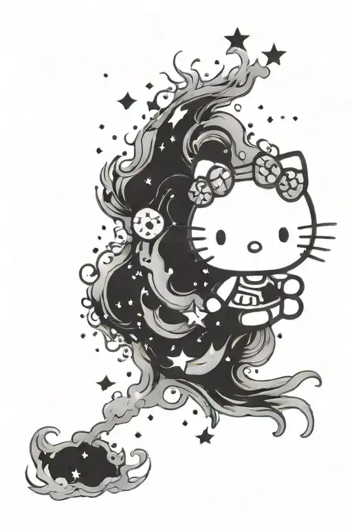 galaxy stars and smoke with hello kitty involved tattoo design idea