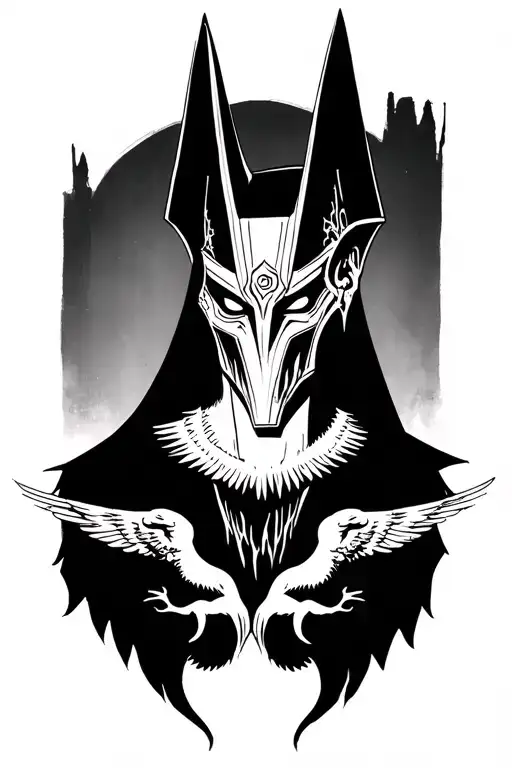 anubis with a scary face with two angels below meaning good and evil tattoo design idea