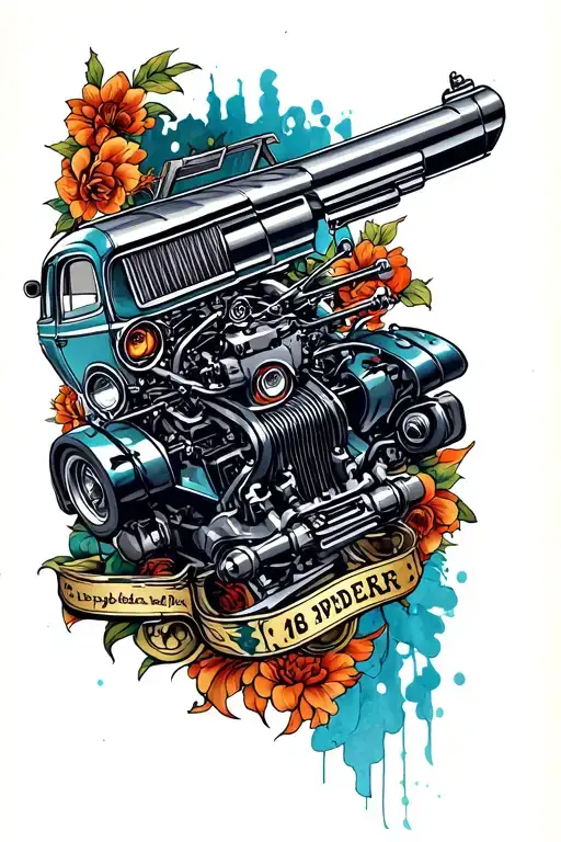 car, gun, v8 engine tattoo design idea