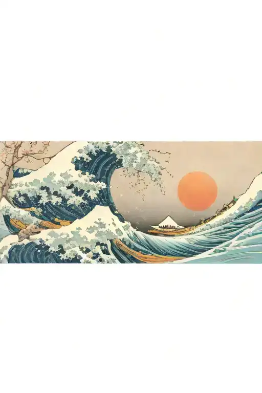 Cherry blossoms wrapping around The Great Wave off Kanagawa against the night sky tattoo design idea