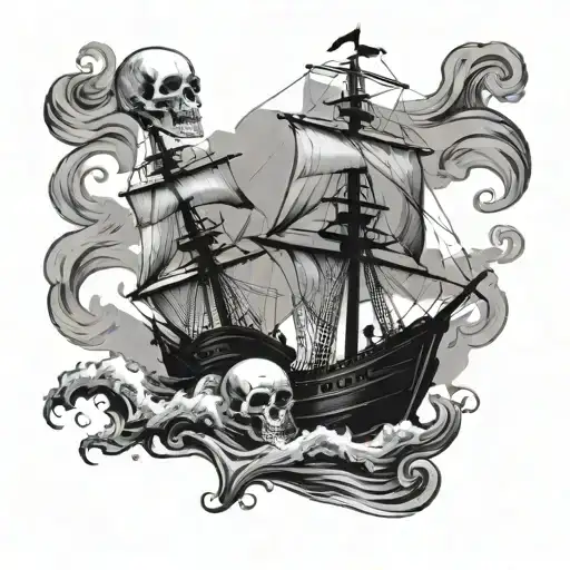ship on rough seas with skull flags tattoo design idea