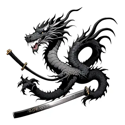 Japanese dragon with katana tattoo design idea