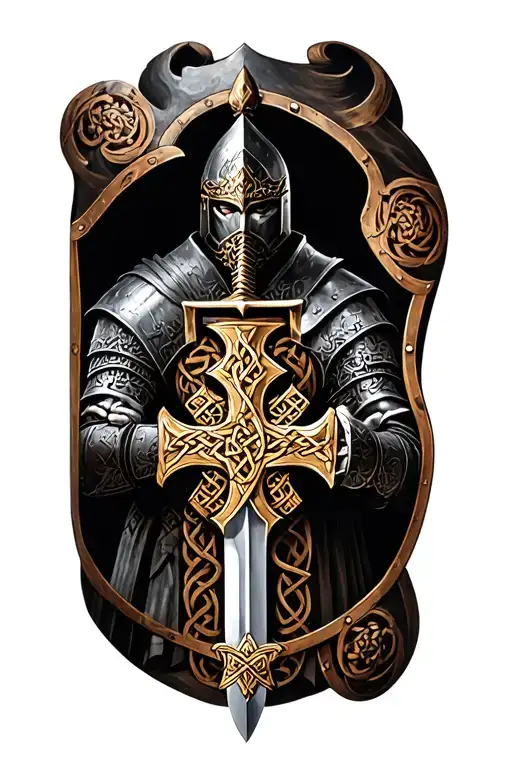 Celtic knight with sword and cross shield  tattoo design idea