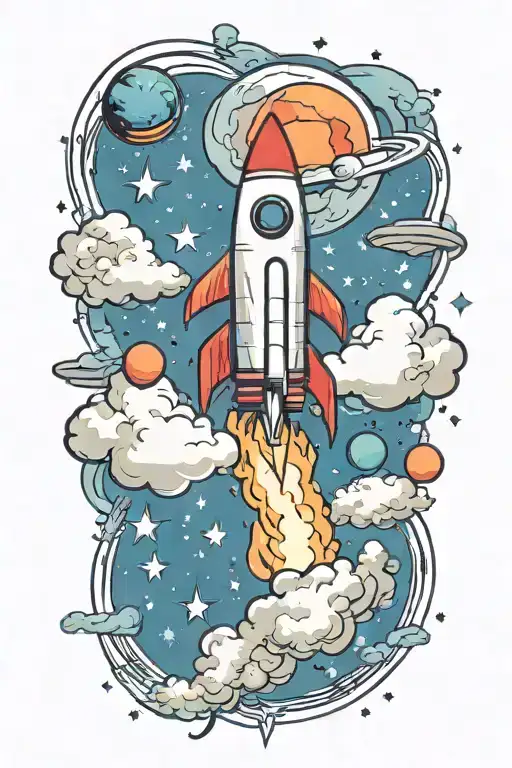 rocket flying in clouds with planets, stars, music notes flowing tattoo design idea