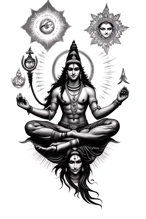 An image of lord Shiva in a meditative pose surrounded by  celestial elements, beneath it is an image of Maa kali, angry tattoo design idea
