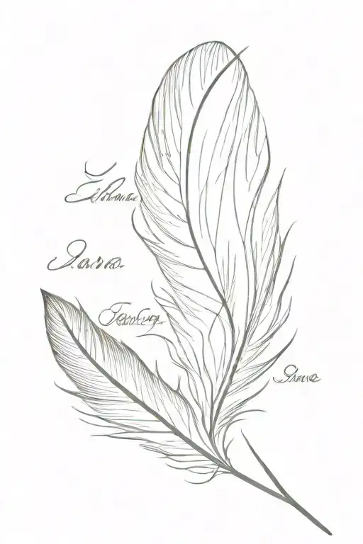 Feather with names Laura-Jane Noah Elaine-Emma tattoo design idea