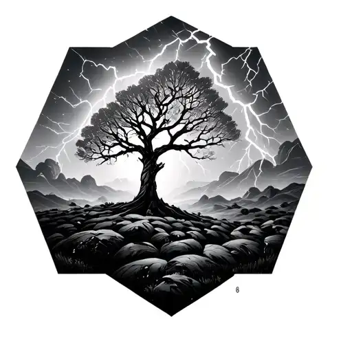 lightning oaktree hexagons tattoo design idea