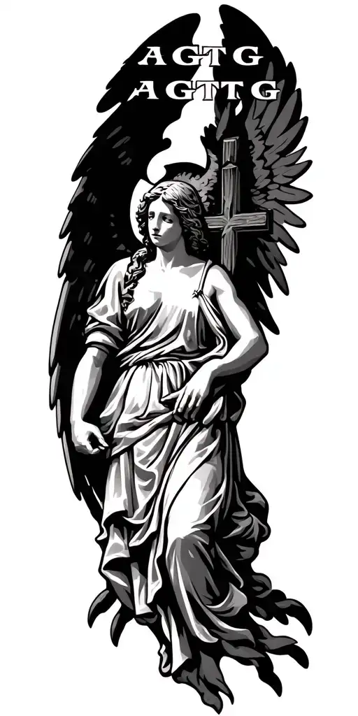 angel holding a cross with letters above that say AGTG tattoo design idea