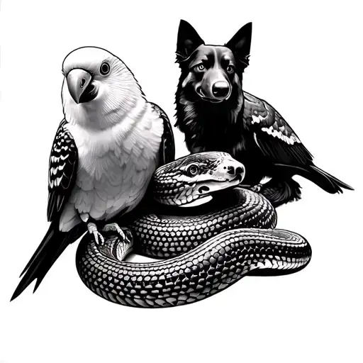 australian albino snake with australian cockatiel with australian rainbow lorikeet with australian kelpie dog tattoo design idea