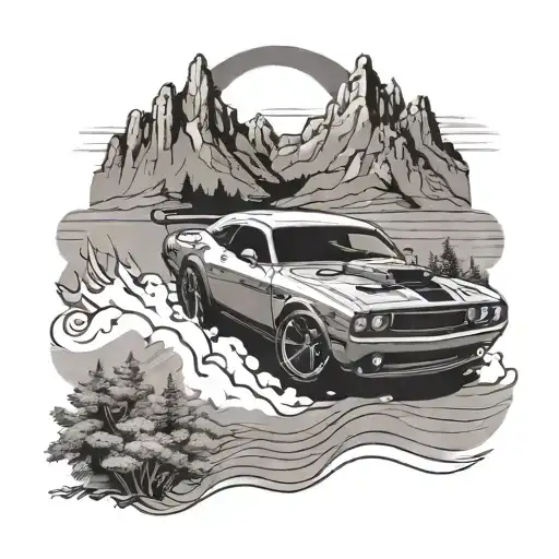 hellcat challenger drifting in mountain landscape tattoo design idea