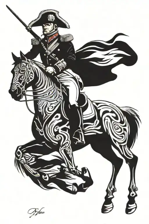 Napoleon Bonaparte, heroic and charismatic, simple and elegant, without a horse, on foot in his usual battle dress. tattoo design idea