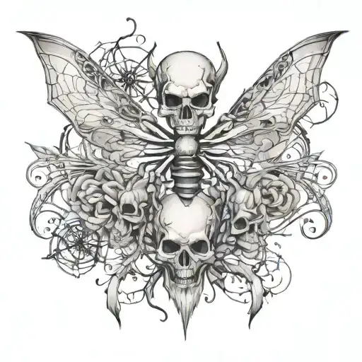 Generate an elegant, sexy, grunge back tattoo with skulls and spiders. Elongate it down the spine to the waist and keep  tattoo design idea