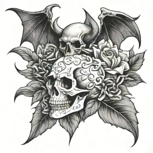 devil angel moon flower skull tattoo design idea