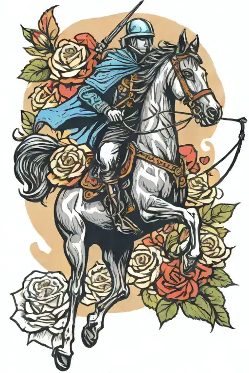 man with bow and arrow on horse with roses and hearts  tattoo design idea