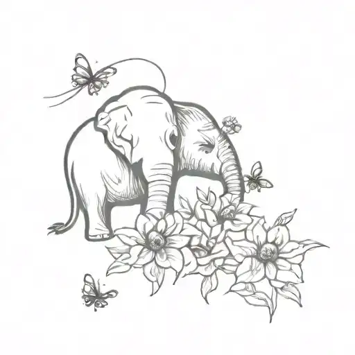 elephant face, flowers, bee flying tattoo design idea