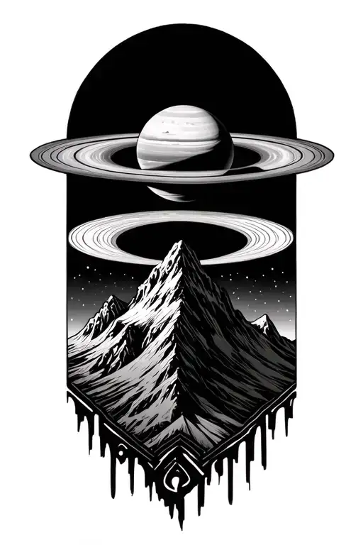 forming saturn on top of a mountain peak surrounded with patterns tattoo design idea
