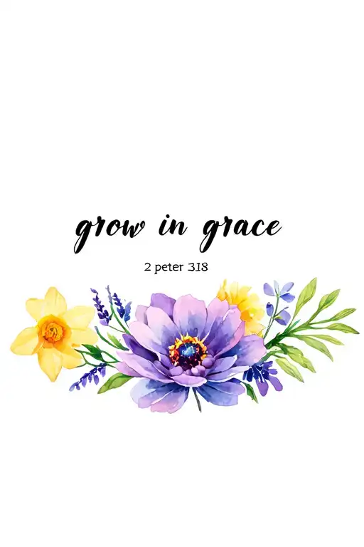 says "grow in grace - 2 peter 3:18" that includes a chrysanthemum, a daffodil, a cosmos, and a violet tattoo design idea
