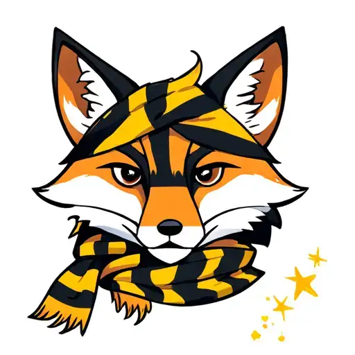 Fox with striped yellow and black scarf and virgo starsign tattoo design idea