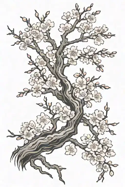 Cherry Blossom tree branch dead at the bottom and slowly blooming towards the collarbone and neck tattoo design idea