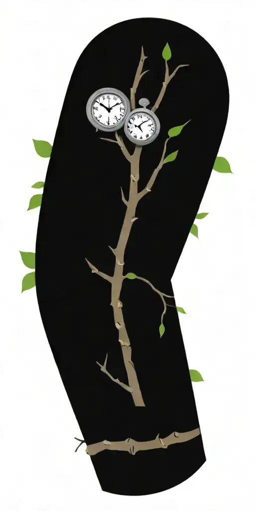 birch tree branches and green leaves with three clocks integrated into it for an arm sleeve tattoo design idea