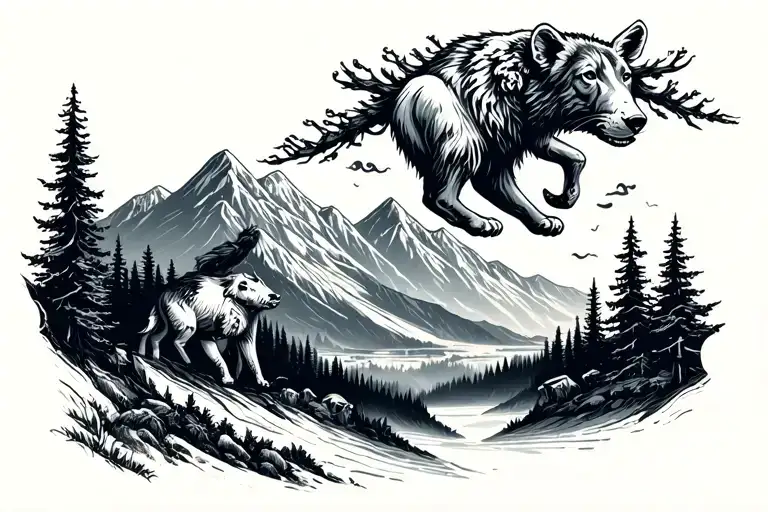 Smokey Mountains inspired scenery with wildlife animal tattoo design idea