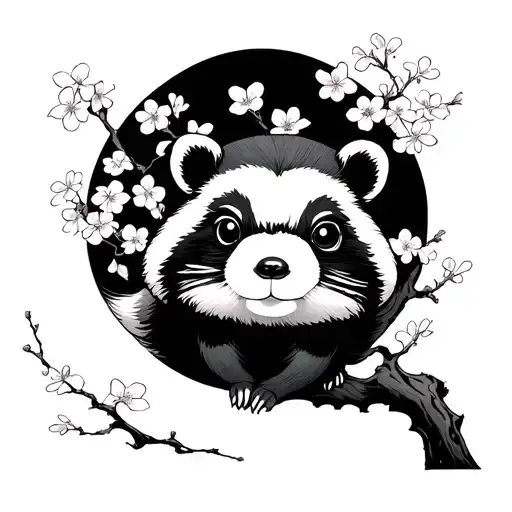Japan Mont Fuji Sakura Flowers Tanuki tattoo design idea