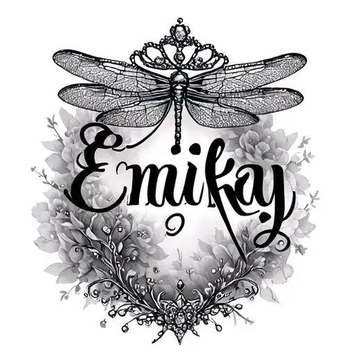 "Emily kay" a memorial for a love that you were seperated from as a kid depicting that incorperating a dragonfly and princess tiara tattoo design idea