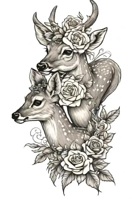 mom and baby deer with roses tattoo design idea