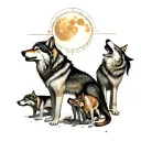 1 wolf with a halo and 3 smaller wolves howling moon tattoo design idea