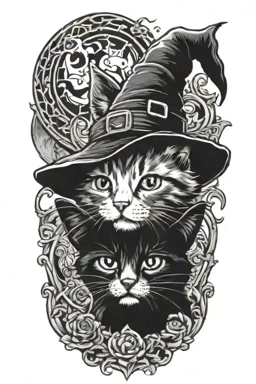kitten + witch hat + halloween tattoo design idea
