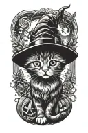 kitten + witch hat + halloween tattoo design idea