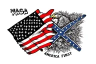 A combination of the american flag and confederate flag. Incorporate MAGA and america first in it with a big black bold  tattoo design idea