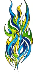 tribal patterns in long flame like structure with a few  colours from light blue,over green and yellow  tattoo design idea