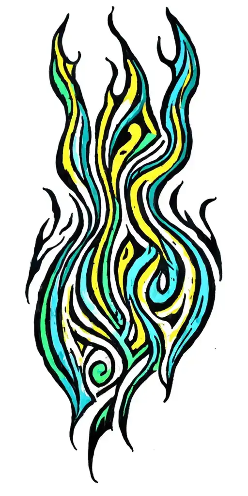 tribal patterns in long flame like structure with a few  colours from light blue,over green and yellow  tattoo design idea