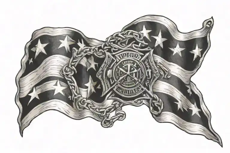 american flag realistic break skin, firefighter maltese cross on top, banner with words noli perdis tempus respiciens, n tattoo design idea