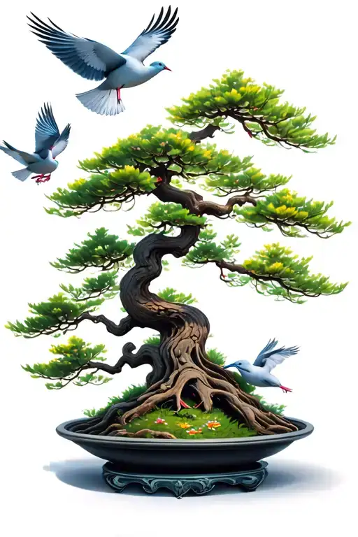 three doves flying around bonsai tree tattoo design idea