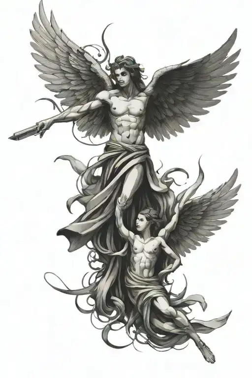 minimalist tattoo: cylindrical mythical item between a flying angels from heaven and fallen angel from hell tattoo design idea