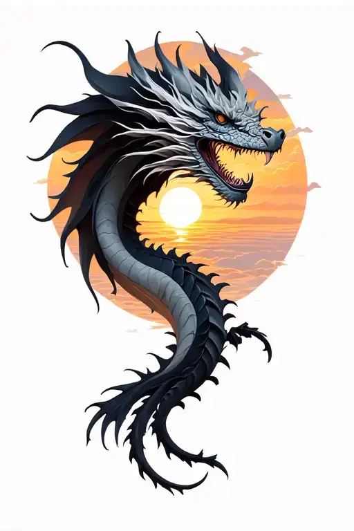 black and gray Dragon with sunset sky tattoo design idea